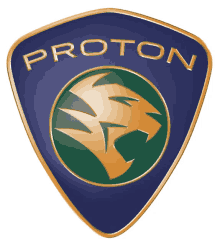 a blue and gold proton logo with a lion in the center