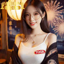 a woman wearing glasses and a tank top that says togel