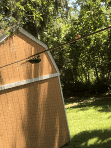 a shed with a rope hanging from the side and trees in the background