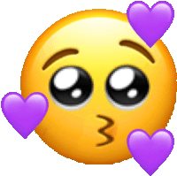 a yellow smiley face with purple hearts around it giving a kiss