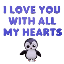 a penguin is surrounded by red hearts and says i love you with all my hearts