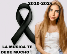 a woman is sitting in front of a black ribbon with 2010-2024 written on it