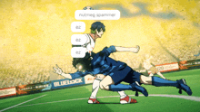 a soccer player is being tackled by another player with the words nutmeg spammer above them