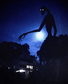 a silhouette of a monster with long arms stands in front of a house at night