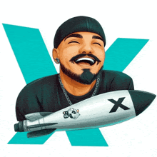 a cartoon drawing of a man holding a rocket with the letter x on it