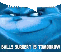 a picture of a cartoon character with the words `` balls surgery is tomorrow '' .