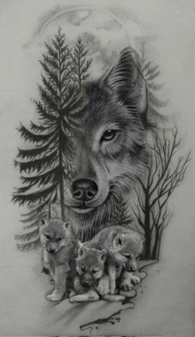 a black and white drawing of a wolf and her cubs in the woods