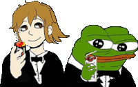 a cartoon of a girl in a tuxedo and a frog drinking from a straw