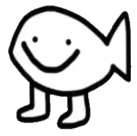 a black and white drawing of a fish with a smile on its face and legs .