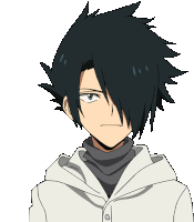 a drawing of a young boy with black hair and a white jacket