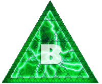 a green triangle with a white letter b on it