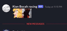 a screenshot of a discord chat with a picture of a girl and the words kian bocah racing bot today at 11:15 pm .