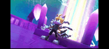 tails from sonic the hedgehog is standing in front of a purple background in a video game .