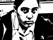 a black and white drawing of a girl with a feather on her jacket