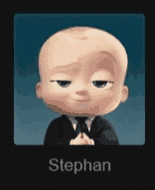 a picture of a baby in a suit and tie with the name stephan on the bottom .