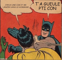 a cartoon of batman and robin with a caption that says t'a gueule pti con