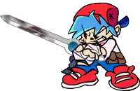 a cartoon character is holding a sword in his hands .
