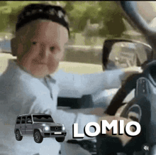 a picture of a baby driving a car with the name lomio on the bottom right