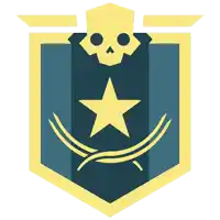 a blue and yellow emblem with a skull and a star