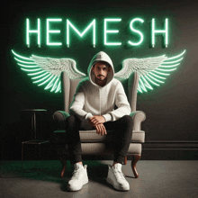 a man in a hoodie sits in a chair under a neon sign that reads hemesh