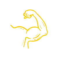 a yellow drawing of a man 's arm flexing his muscles