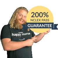 a man wearing a happy nurse shirt points to a sign that says nclex pass guarantee