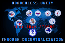 a map of the world with the words " borderless unity through decentralization "