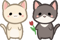 two cartoon cats are standing next to each other and one is holding a flower