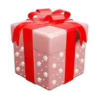 a pink gift box with a red bow and white stars