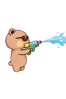 a teddy bear wearing sunglasses is holding a water gun and spraying water