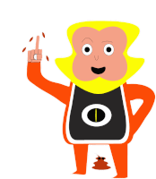 a cartoon character with a yellow head and a black bib points up