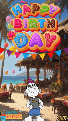 a cartoon character stands in front of a sign that says " happy birthday "