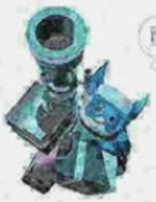 a drawing of a blue rabbit sitting on top of a tower .