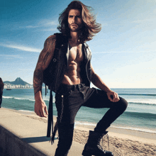 a man with long hair wearing a leather vest