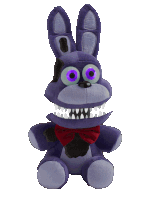 a stuffed purple bunny with purple eyes and teeth