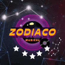 a logo for zodiaco musical with a disco ball and stars