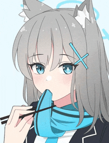 a drawing of a girl with a scarf around her neck and chopsticks in her mouth