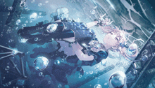 an anime girl is floating in the water with bubbles around her