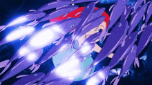 ariel is surrounded by a flock of purple fish in the little mermaid .