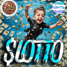 a boy in a wet suit is surrounded by money and the word lotto on the bottom