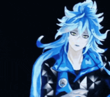 a man with long blue hair and green eyes is wearing a blue jacket .
