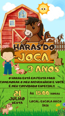 a birthday invitation for haras do joca with a barn and horses on it