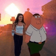 a woman and a cartoon character are walking down a street .