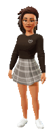 a girl wearing a plaid skirt and a black shirt with a heart on it