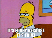 homer simpson from the simpsons is sitting on a couch with the words it 's funny because it 's true