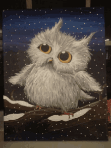 a painting of an owl sitting on a branch