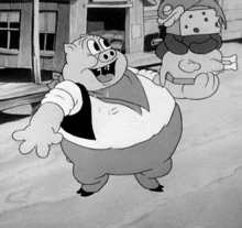 a black and white cartoon of a pig and a man holding a chicken