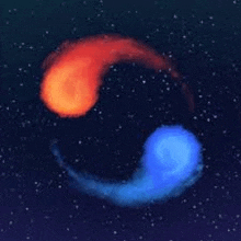 a red and a blue comet are spinning in a circle in space .