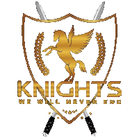 a logo for knights we will never end with two swords crossed