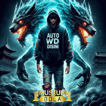 a man in a hoodie that says auto wd disini stands in front of two werewolves